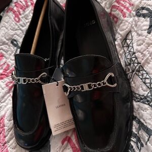 Mango Black Patent Loafers with Silver Chain.  NEW